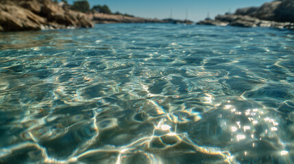 Obraz premium clear shallow water reflecting sunlight, travel magazine style.