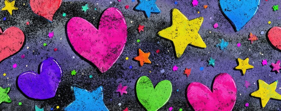 Vibrant hearts and stars dance across a cosmic purple background