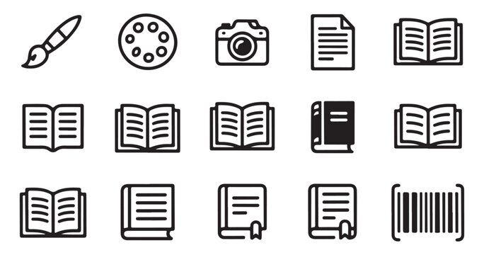 Book and education line icons with paintbrush, palette, camera, document file and barcode.