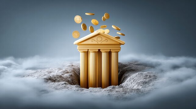 Golden bank building with coins falling into a hole in a surreal landscape.