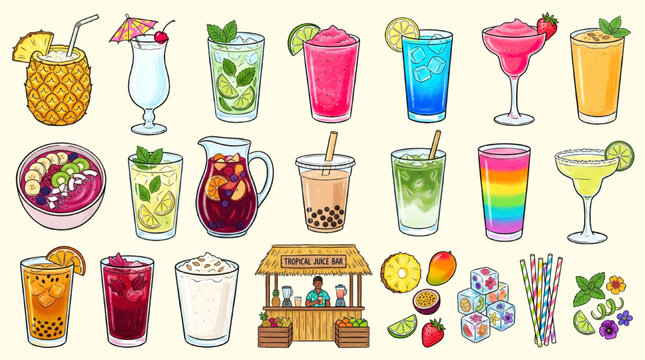 Tropical Summer Cocktails Mocktails Drinks Flat Illustration Set. Pina Colada Mojito Coconut Smoothie Boba Collection. Vector for Menu, Bar, Restaurant Design