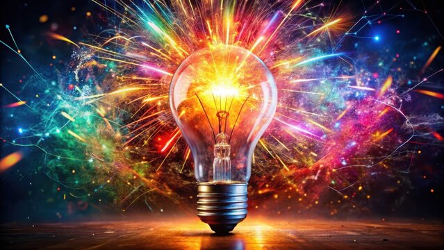 Sizzling hot light bulb exploding in a burst of colorful sparks and flames, heat, fireworks
