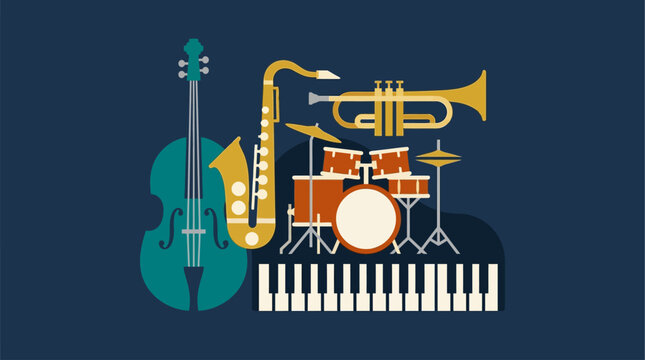 A sophisticated flat design collage showcasing a collection of essential jazz instruments, rendered with clean lines and a limited color palette. 