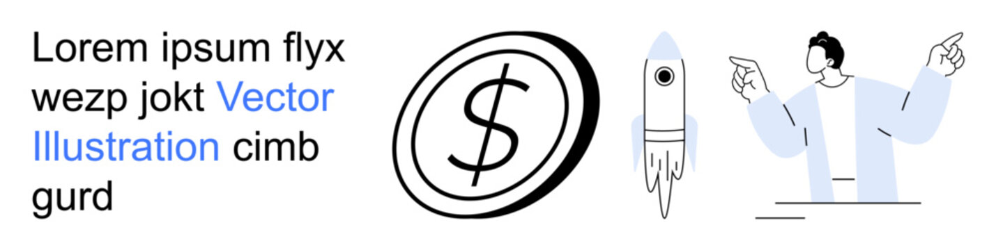 Financial success, business strategy, innovation, startup launch, creative brainstorming, economic planning. ion includes a dollar sign, a rocket and a person with outstretched arms. Financial