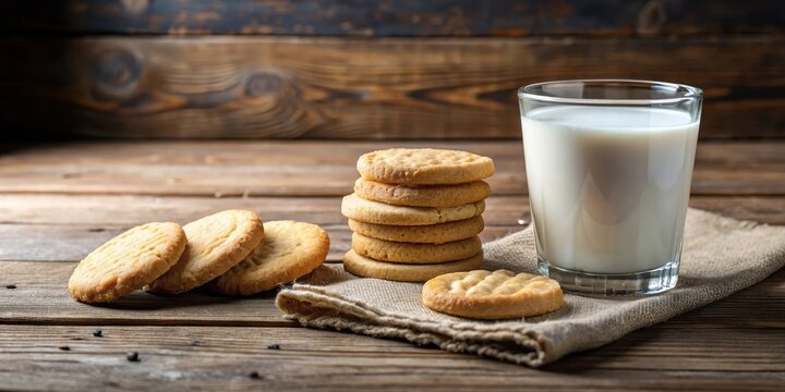 Breakfast shortbread biscuits on rustic wooden table with glass of milk, morning, breakfast,  morning,breakfast, dairy