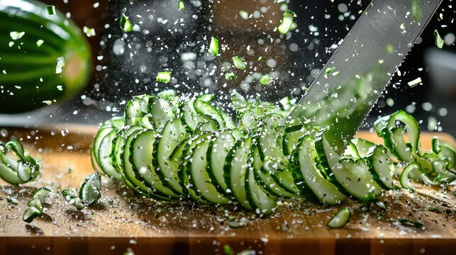 Mandoline slicing cucumber thin pieces scattered wooden cutting board water droplets flying culinary dynamics ingredient movement kitchen action photography