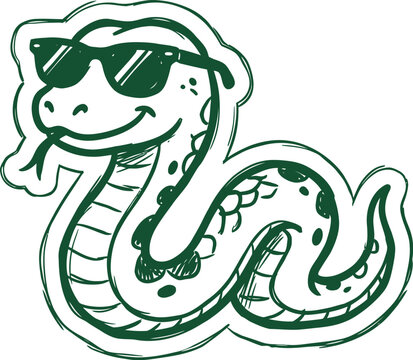World Snake Day hand drawn doodle vector icon snake wearing sunglasses chill expression sticker style dark green minimalist reptile character design