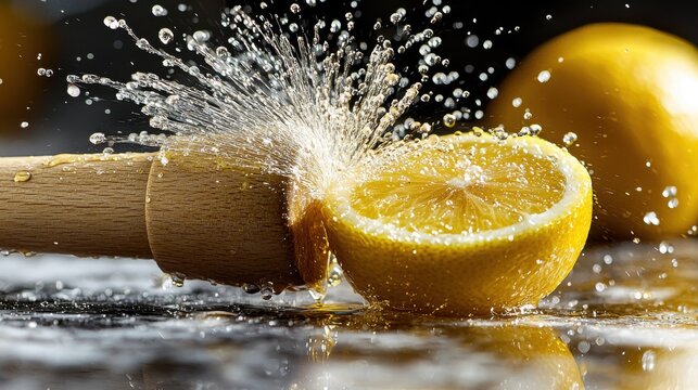 Lemon juice spray erupting from wooden citrus reamer pressing fresh yellow lemon half creating explosive burst pattern with individual droplets frozen in motion