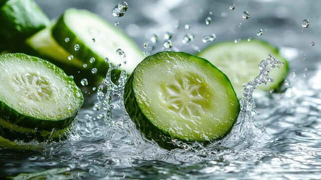 Cucumber water drop green slices tumbling through water splash droplets mid-flight fresh ingredient dynamic motion culinary action photography
