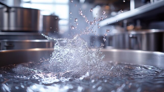 Boiled water bubbling with powerful eruption and splash creating culinary motion photography in contemporary kitchen setting