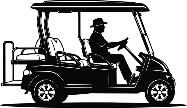 Man driving a golf cart vehicle with roof and seats