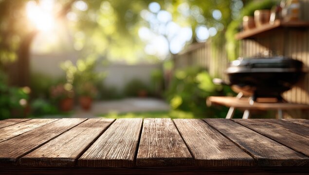 A wooden surface in focus displays a blurred background of a lush garden and a barbecue grill, suggesting an outdoor gathering or summer relaxation.