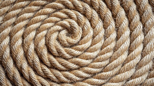 Coarse sisal texture rope spiral pattern natural fiber weave beige tan background overhead macro photography web design rustic organic material surface