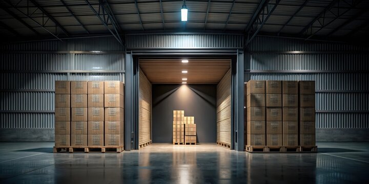Darkened warehouse with pallets of boxes in the foreground and a large door leading to darkness , dark background
