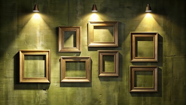 Empty square frames on olive wall with spotlights highlighting rustic charm