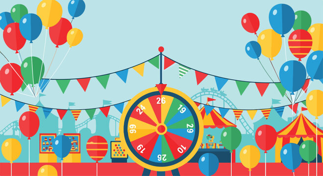 Colorful fairground scene with wheel and balloons