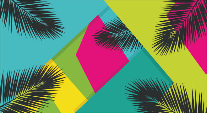 A colorful geometric pattern with palm leaves on a vibrant background