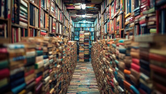 A captivating perspective down a narrow corridor completely lined with towering bookshelves overflowing with countless volumes, creating an immersive and literary atmosphere.