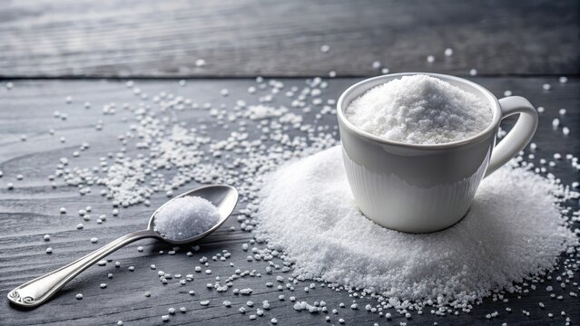 Fine white powder granules scattered in a cup filled with sweetener , utensil, cup,  utensil, cup, ingredient, kitchen