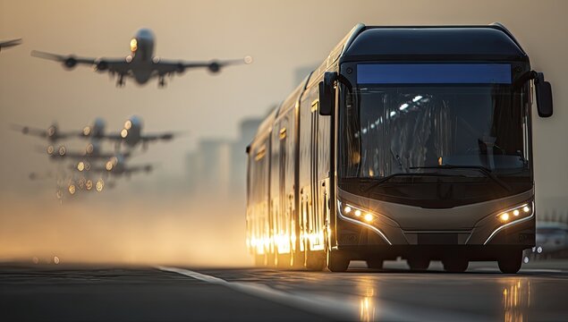 A modern airport shuttle bus travels alongside airplanes during a golden hour sunset.