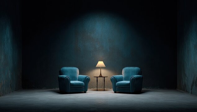 Two plush armchairs sit facing each other in a dimly lit, textured room illuminated by a small table lamp.