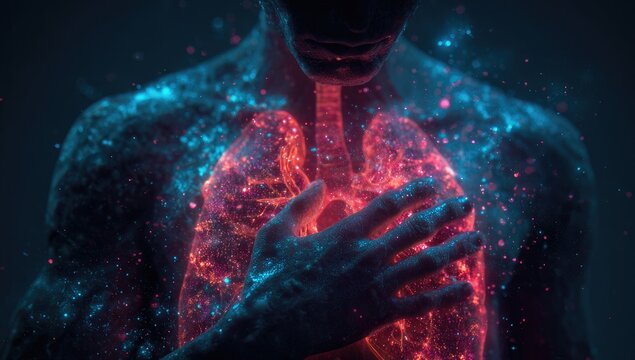 Glowing human torso with illuminated lungs, particles swirl around