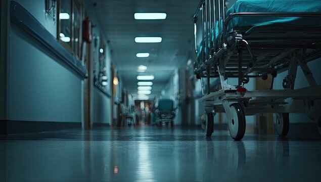 Empty, sterile hospital hallway with gurney in foreground, dim lights, reflection