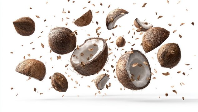 A dynamic explosion of coconuts and coconut pieces suspended in mid-air against a clean white background.