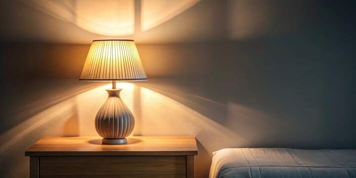 Soft glow emanates from a modern table lamp beside a bedside table in a quiet bedroom at night, shadows, bedside,  shadows