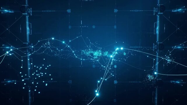 futuristic AI background, glowing data lines and particles, digital network connections, dark blue tone, smooth motion, seamless loop animation, 4k, high tech style, no text