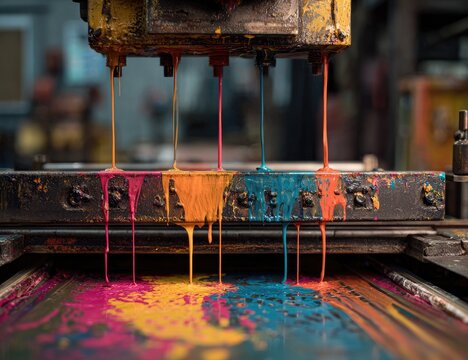 A vibrant close-up captures the intricate process of screen printing, showcasing colorful inks cascading onto a textured surface within a bustling industrial setting.
