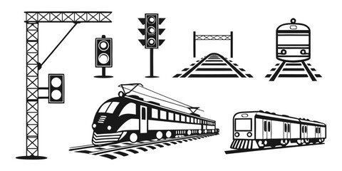 Modern train and railway infrastructure elements silhouette icon set black and white vector graphic for public transport and travel overhead line white background transport locomotive electric © MST CHIN BANU BEGUM