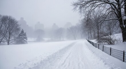 Obraz premium Snowy Path Through a Winter Landscape with Trees and Fence.