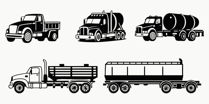 Five diverse black and white truck and trailer icons featuring a pickup truck cement mixer tanker truck flatbed trailer a semi-trailer for heavy-duty transportation, commercial