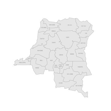 Democratic Republic of the Congo political map of administrative divisions - provinces. Grey map with thin black outline and labels.