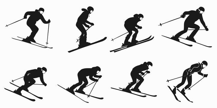 Set of professional speed skier silhouettes showing aerodynamic tuck positions and racing maneuvers for alpine competitions with ski poles winter sports silhouette professional downhill mountain