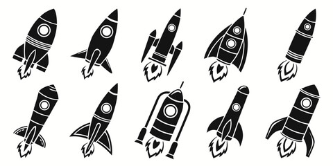 Collection of various rocket ship illustrations and space shuttle vector icons for business startups and aerospace design concepts with spaceship illustration collection exploration transport © MST CHIN BANU BEGUM