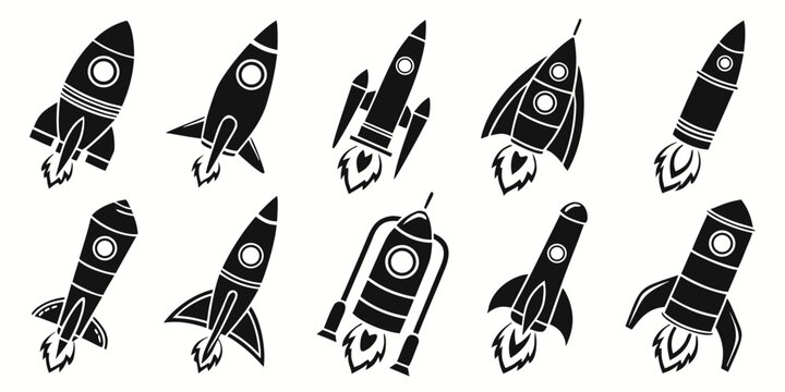 Collection of various rocket ship illustrations and space shuttle vector icons for business startups and aerospace design concepts with spaceship illustration collection exploration transport