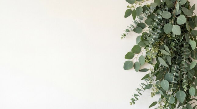 Fresh eucalyptus branches hanging on a white wall for floral background