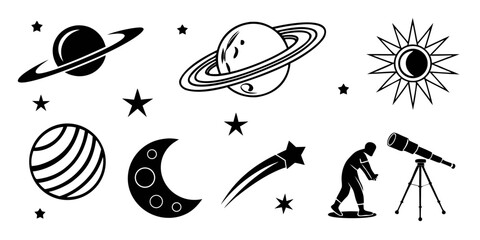 Stargazing and space exploration elements collection featuring telescope planets shooting star and human silhouette observing the sky stargazing astronomy telescope shooting crescent silhouette © MST CHIN BANU BEGUM
