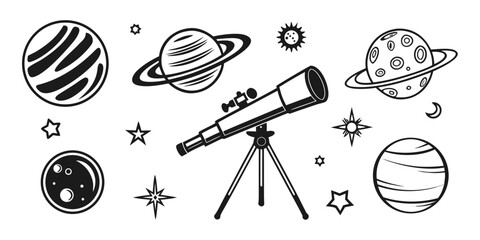 Astronomy exploration icon set with telescope planets stars and sun in black and white flat graphic design astronomy telescope universe exploration crescent celestial astronomical observation © MST CHIN BANU BEGUM