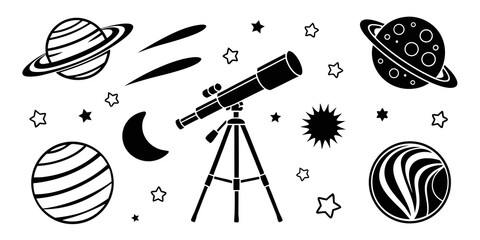Space and cosmos icons set with central telescope planets moons and stars for science and astronomy design telescope crescent universe astronomy celestial astronomical stargazing exploration © MST CHIN BANU BEGUM