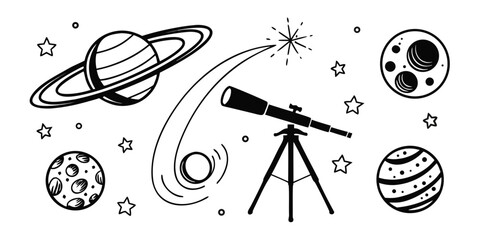 Hand drawn astronomy icon set with telescope detailed planets and shooting stars in black and white linear style astronomy telescope shooting universe celestial exploration education discovery © MST CHIN BANU BEGUM
