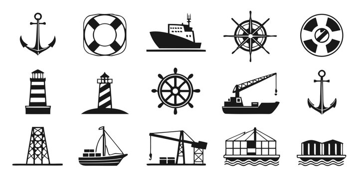 Nautical symbols including anchors lifesavers ships helm wheels lighthouses cranes with nautical lifesaver lifebuoy steering lighthouse industrial construction transportation maritime