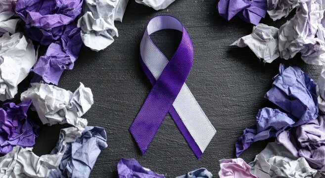 A purple and white awareness ribbon rests centrally amidst a circular arrangement of crumpled paper in shades of purple and white against a dark gray background.