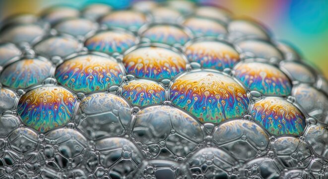 Close-up of colorful soap bubbles reflecting light.