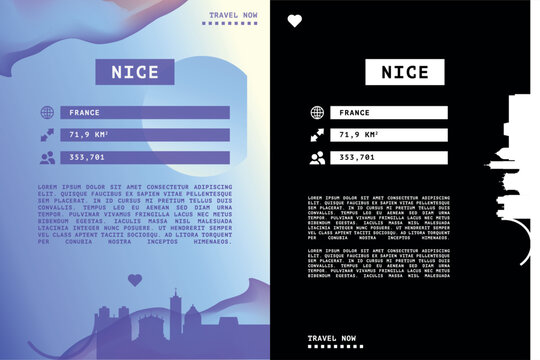 Nice, France vector infographics, brochure layout set. Guide, leaflet, flyer, graphic templates with text, information, data, city skyline shape. Mock up, copy space images series