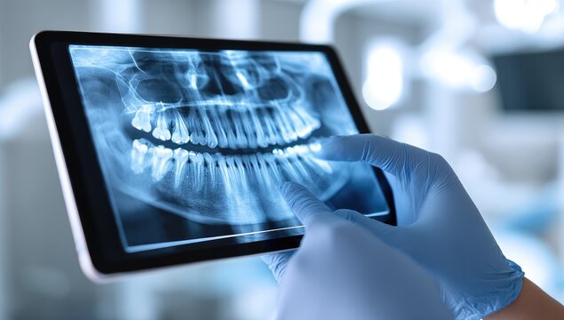 A gloved hand examines a dental X-ray displayed on a digital tablet in a clinical setting.