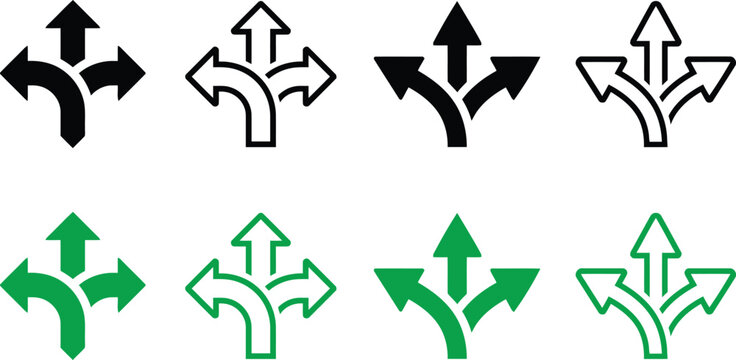 Directional arrows set black and green icons illustrating multiple choices and pathways