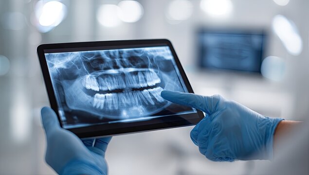 A healthcare professional in blue gloves examines a dental X-ray on a digital tablet, highlighting the intricate details of the patient's teeth.